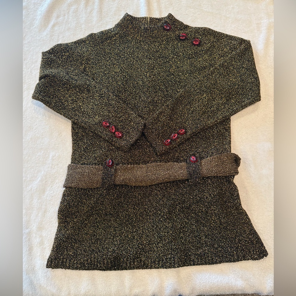 Vintage Holiday Sweater, Small With Front Tie. Korean Brand Cack. Gold Sparkle.